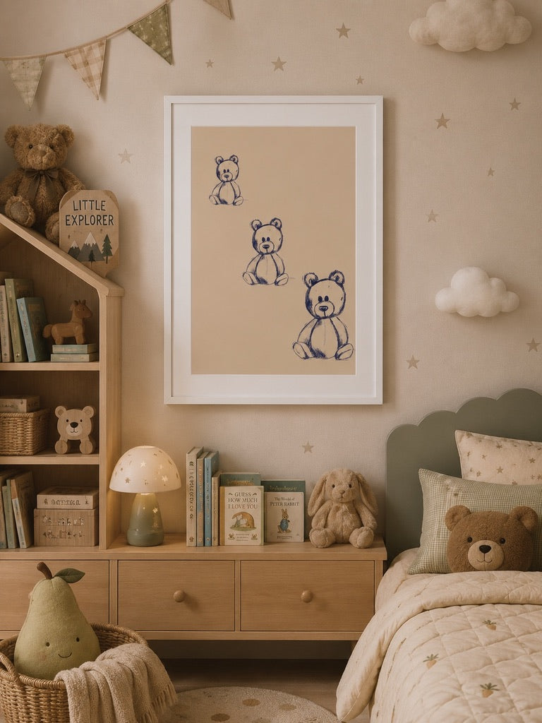 a3 Framed Teddy Bears print of hand-drawn bears on a wall