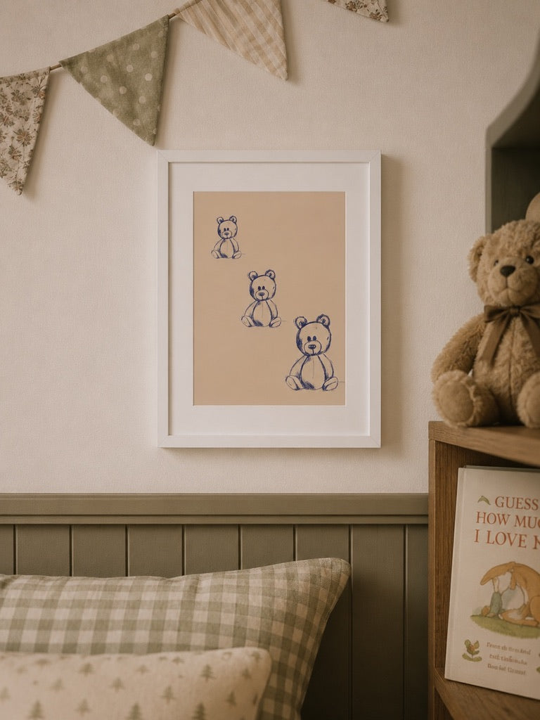 a3 Framed Teddy Bears print of hand-drawn bears on a wall in a nursery