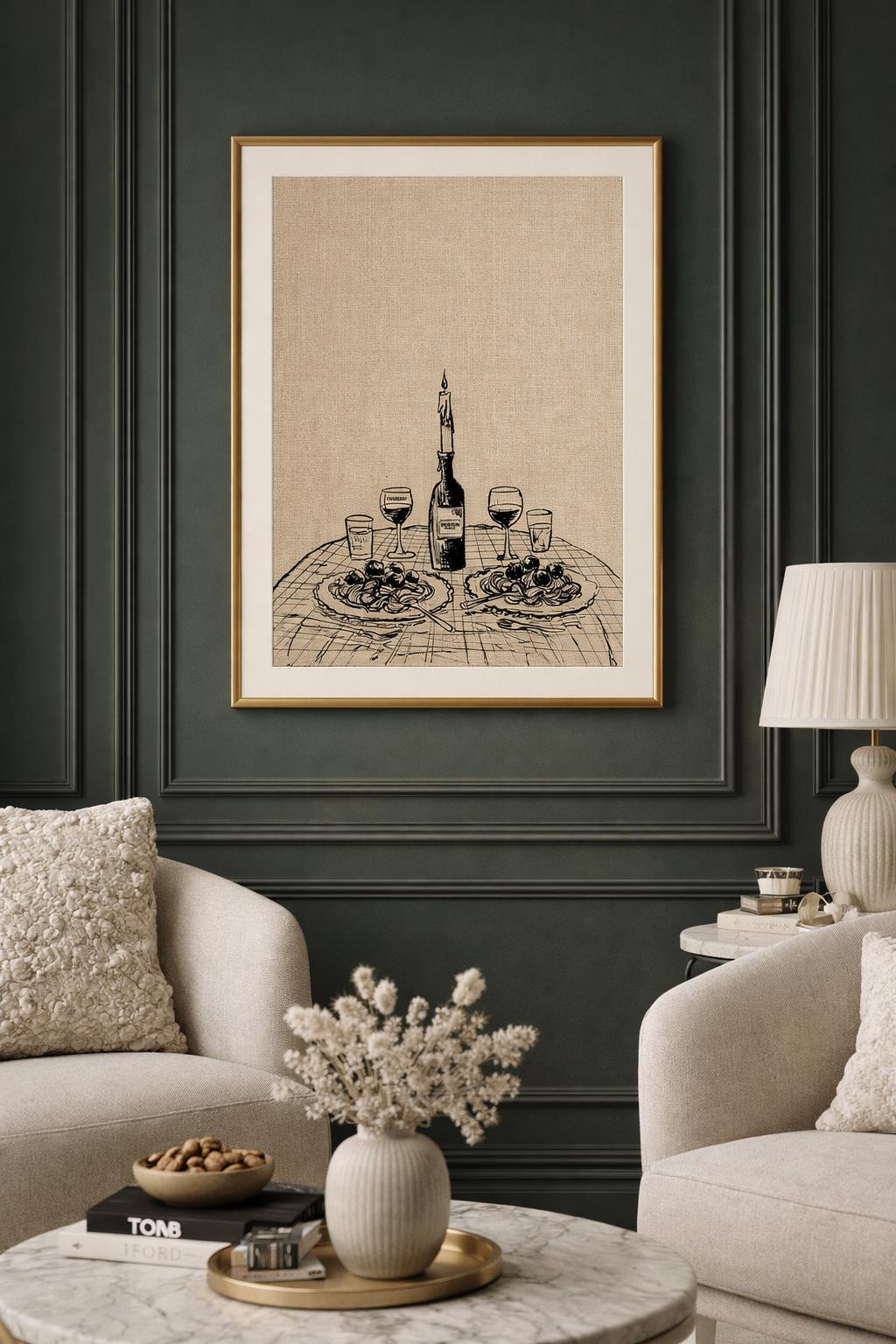 a3 framed on a wall Candlelight Dinner print of a wine and pasta table setting