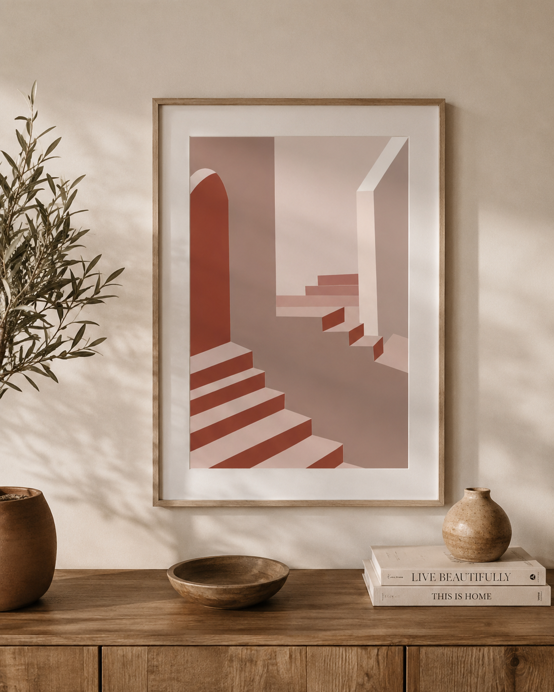 a3 framed Scala print of a terracotta staircase on a wall
