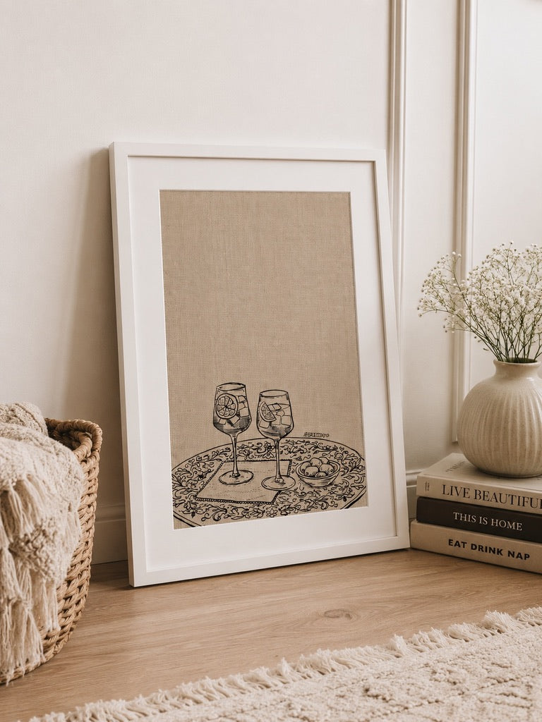 a4 Framed Couple of Aperols print of aperitivo glasses against a wall