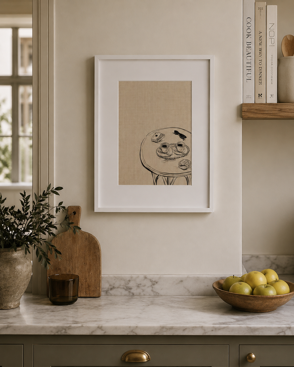 a4 Framed Morning Espresso print of a café table on a kitchen wall