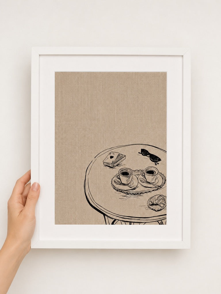 a4 Framed Morning Espresso print of a café table on a white wall