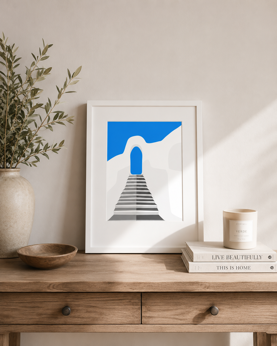 a4 Framed Mykonos print of a whitewashed staircase and blue doorway