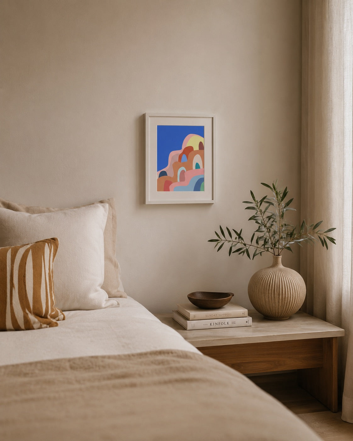 a4 Framed Santorini Blue print of colourful arches and domes on a wall