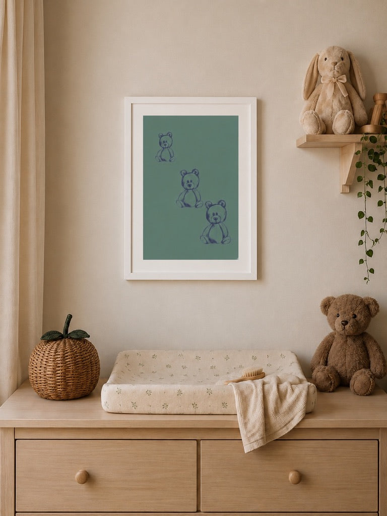 a4 Framed Teddy Bears Green print of hand-drawn bears on a wall