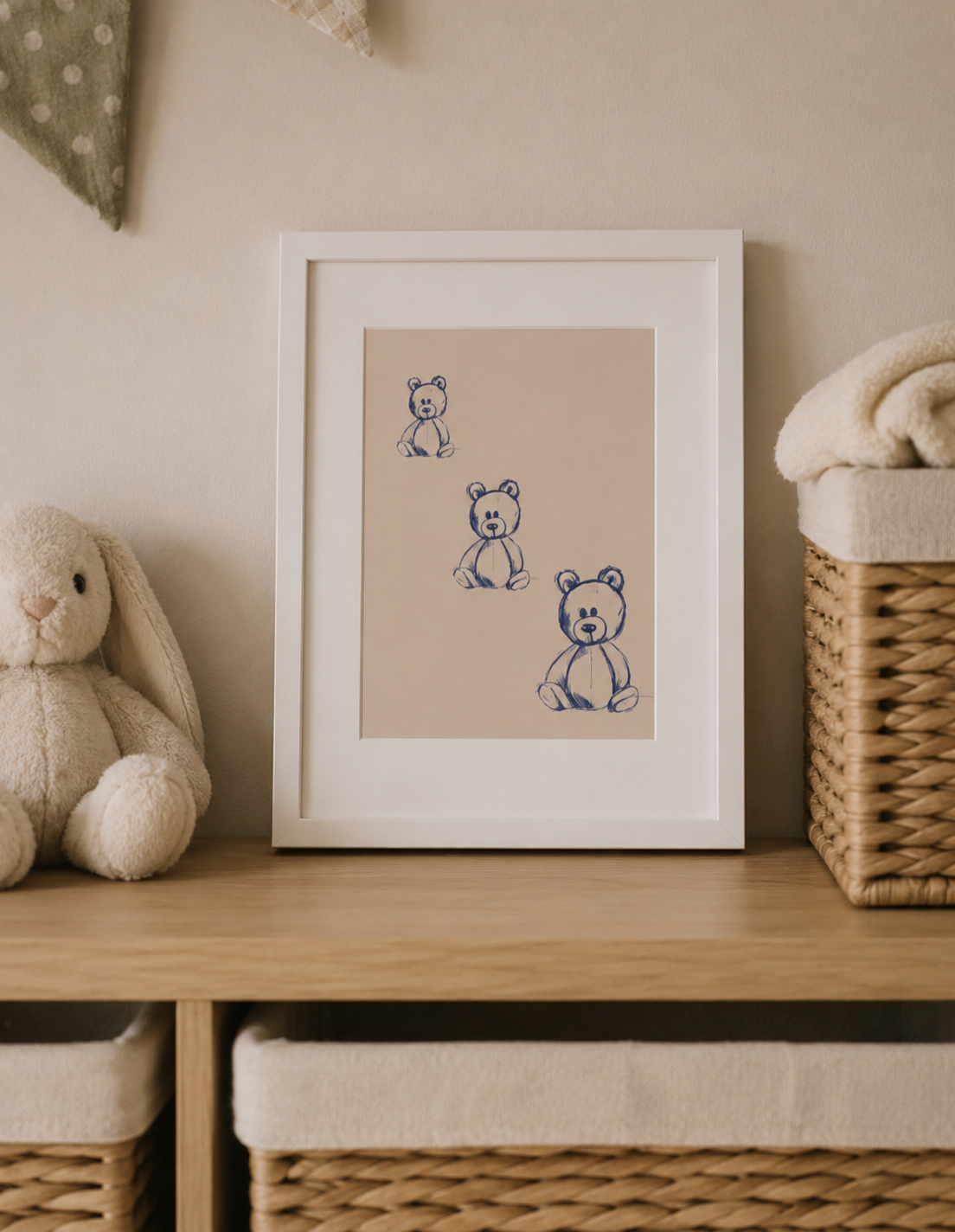 a4 Framed Teddy Bears print of hand-drawn bears in a nursery