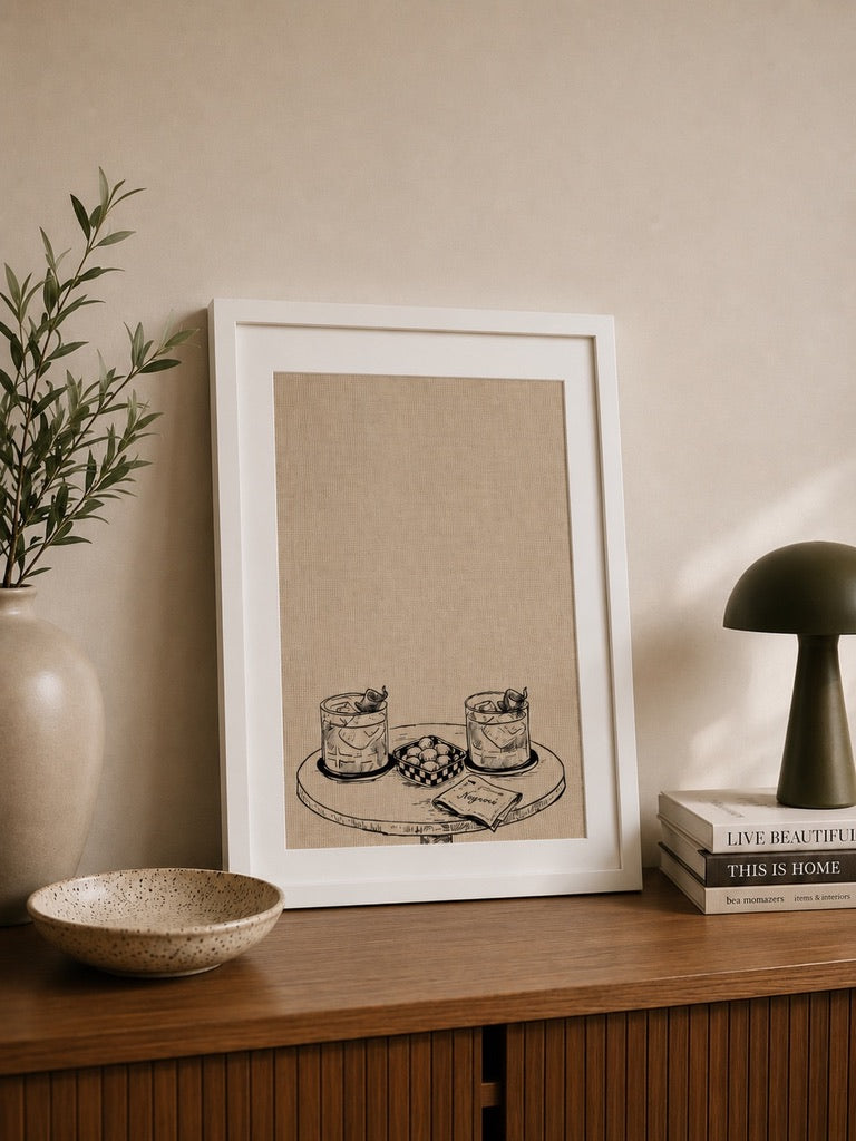 a4 framed Couple of Negronis print of cocktails on a console table