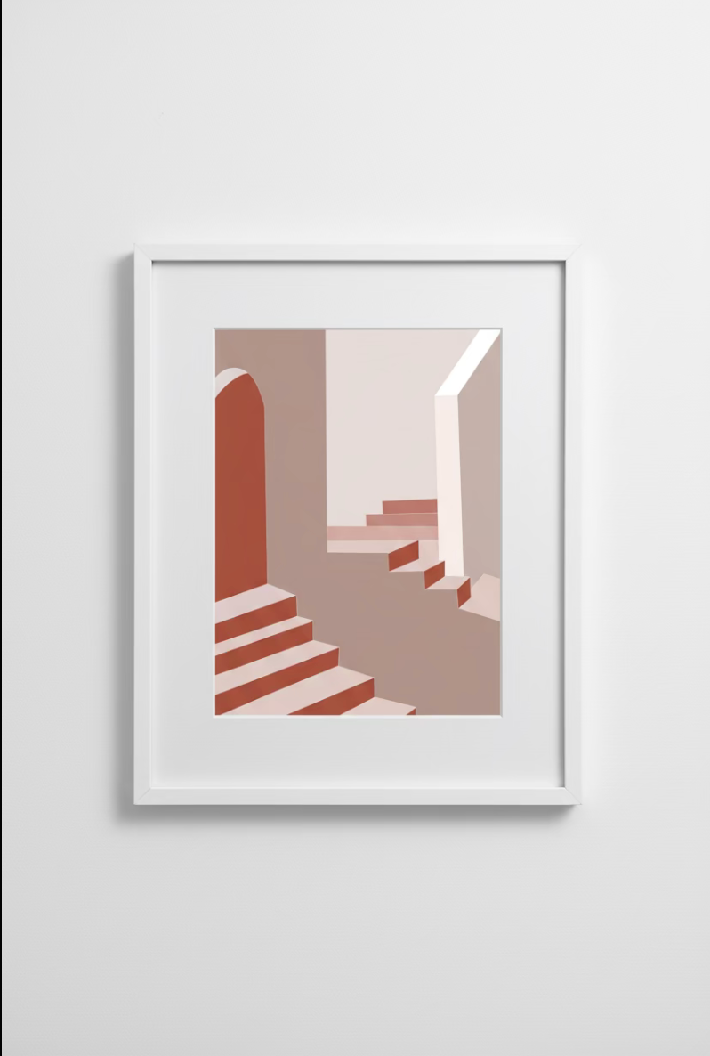 framed original Scala print of a terracotta staircase on a wall