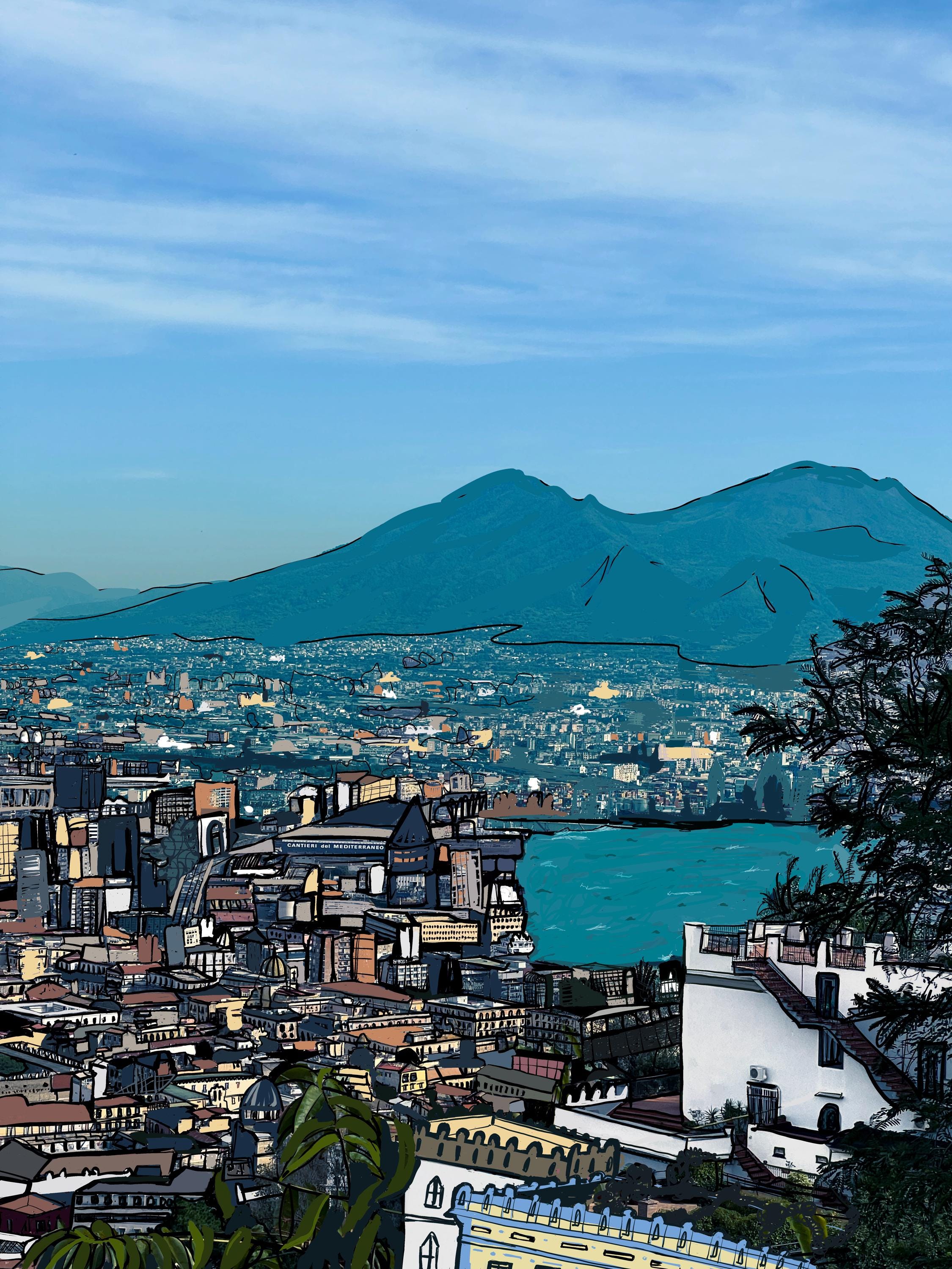 Original Naples view with Mount Vesuvius in the background