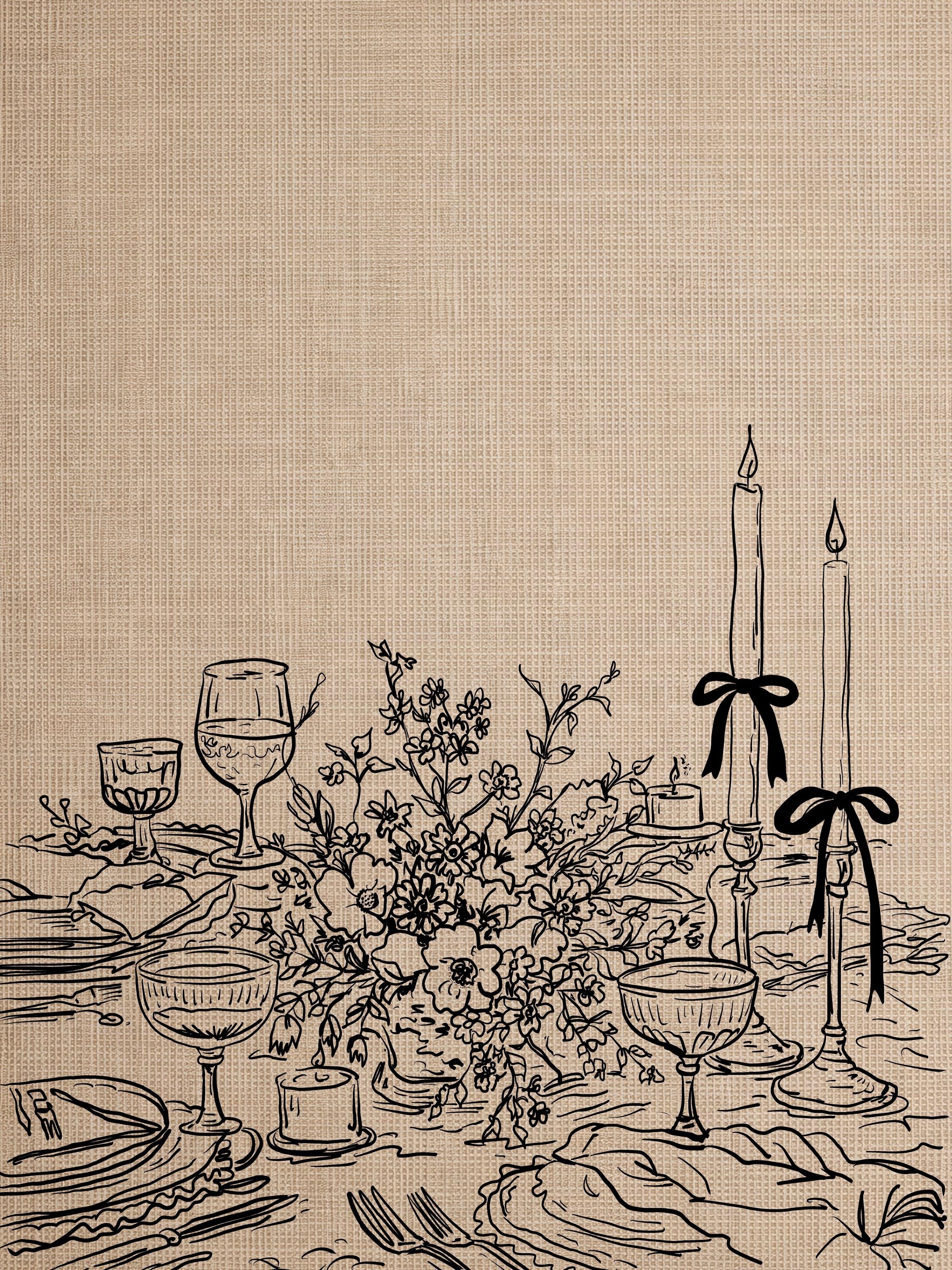 Unframed Dinner Party print of a candlelit table setting with flowers on a wall